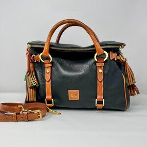 Dooney & Bourke Large Satchel Pebbled Leather Black w green suede collar 15" W